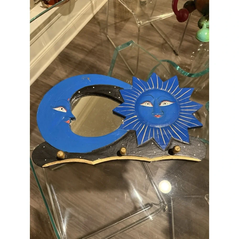 Vintage 90s Hand Painted Sun Moon Celestial Wall Mirror Coat Hooks Blue Black